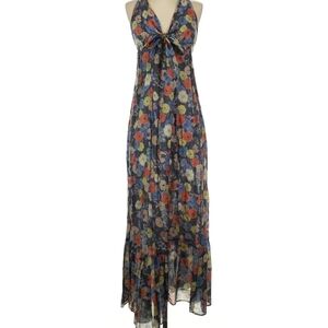 Anthropologie Lil Blue Floral   Memento Silk Blend Maxi Dress